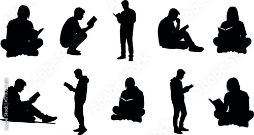 Silhouette people reading books in various poses, sitting, standing, squatting, cross-legged, black vector illustration on white background