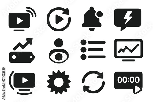 Real-Time Media Icons. Solid style icons of real-time media and updates: live broadcast icon, instant replay, push notification,