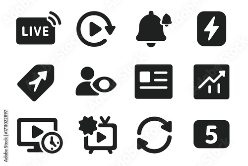 Real-Time Media Icons. Solid style icons of real-time media and updates: live broadcast icon, instant replay, push notification,