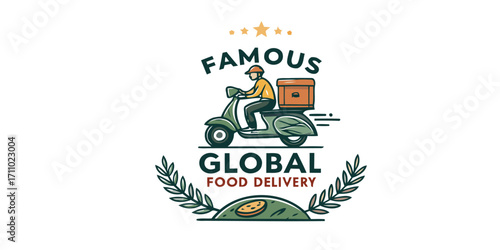 Famous Global Food Delivery Logo – Scooter Rider Icon with Stars, Laurel Branches & Box for Fast, Reliable Restaurant Service


