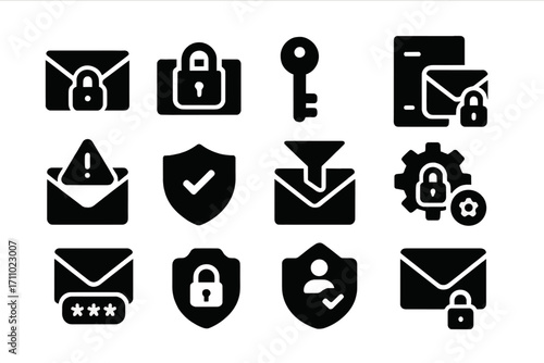 Secure Email Icons. Solid style icons of secure email and privacy: lock on envelope, encrypted email icon, two-factor key, secure