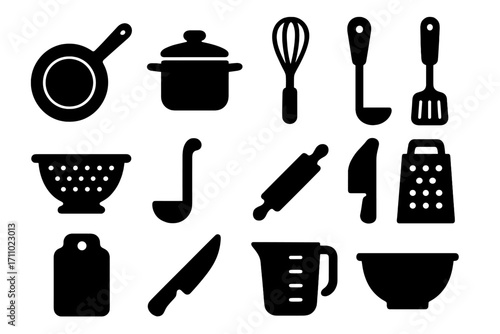 Kitchen Utensil Icons. Solid style icons of kitchen utensils: frying pan, saucepan, whisk, spatula, colander, ladle, rolling pin,