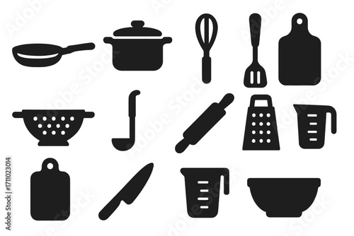 Kitchen Utensil Icons. Solid style icons of kitchen utensils: frying pan, saucepan, whisk, spatula, colander, ladle, rolling pin,