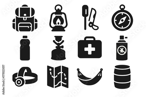 Camping Gear Icons. Solid style icons of camping gear: backpack, lantern, firestarter, compass, water bottle, camping stove, first