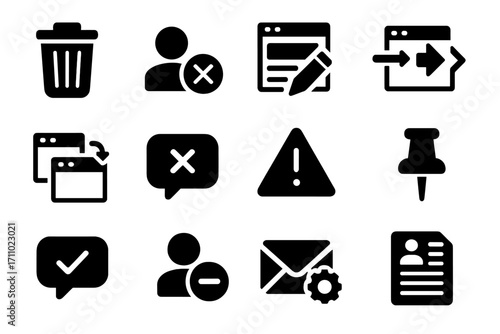 Forum Moderation Icons. Solid style icons of forum moderation tools: delete post, ban user, edit thread, move topic, merge threads