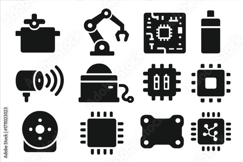 Robotics Components Icons. Solid style icons of robotics components: servo motor, robotic arm, motherboard, actuator, proximity
