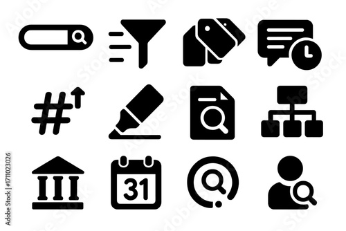 Forum Search Icons. Solid style icons of forum search tools: search bar, advanced filter, tag cloud, recent topics, trending