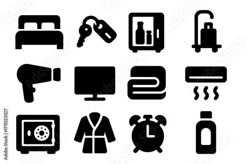 Hotel Amenity Icons. Solid style icons of hotel amenities: bed, room key, minibar, luggage cart, hairdryer, TV, towel, air
