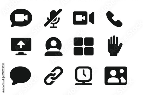 Video Chat Icons. Solid style icons of video chat features: video call bubble, mute mic, camera toggle, end call, screen share,