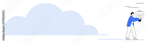 Man holding lightbulb with sprouting leaves, standing beside cloud. Ideal for innovation, sustainability, eco-friendly concepts, cloud computing, creativity, green energy growth. Clean and simple