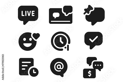 Live Stream Icons. Solid style icons of live stream comments: live chat bubble, stream overlay comment, pinned message, live emoji