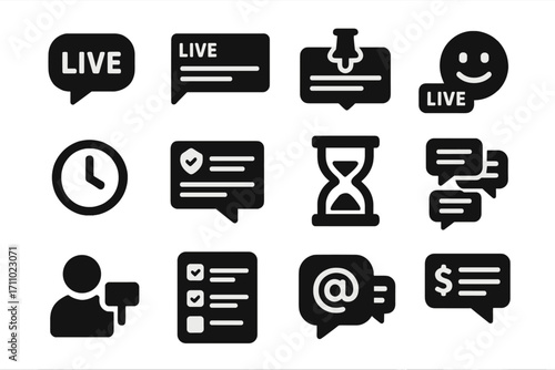 Live Stream Icons. Solid style icons of live stream comments: live chat bubble, stream overlay comment, pinned message, live emoji