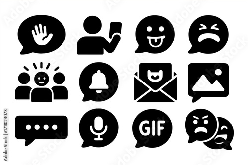 Messaging Icons Set. Solid style icons of casual messaging: hi bubble, selfie send, sticker reply, meme bubble, LOL message, group