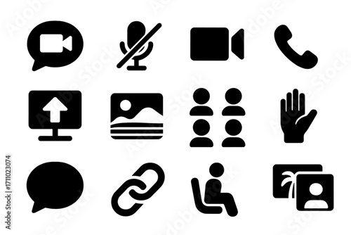 Video Chat Icons. Solid style icons of video chat features: video call bubble, mute mic, camera toggle, end call, screen share,
