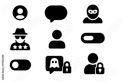 Anonymous Review Icons. Solid style icons of anonymous reviews: hidden user icon, anonymous comment, masked profile, incognito