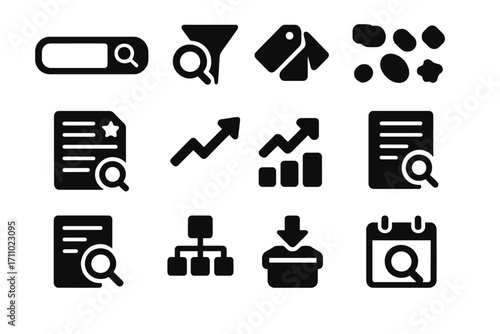 Forum Search Icons. Solid style icons of forum search tools: search bar, advanced filter, tag cloud, recent topics, trending