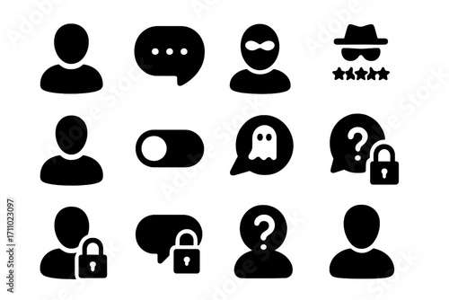 Anonymous Review Icons. Solid style icons of anonymous reviews: hidden user icon, anonymous comment, masked profile, incognito