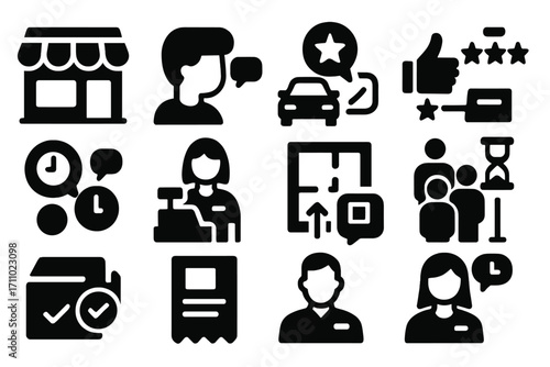 Local Business Icons. Solid style icons of local business reviews: store photo, staff comment, parking review, service rating,