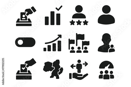 Solid Political Icons. Solid style icons of political polls: candidate vote, election forecast, approval rating, referendum slider