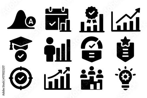Education Analytics Icons. Solid style icons of education analytics: grade distribution graph, attendance chart, learning outcome