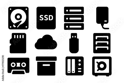 Data Storage Icons. Solid style icons of data storage: hard drive, SSD icon, server rack, external storage, memory card, cloud