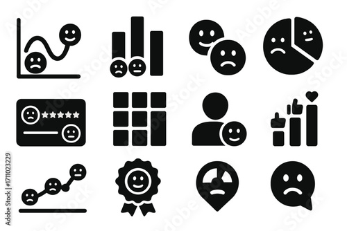 Sentiment Analytics Icons. Solid style icons of sentiment analytics: mood graph, emoji trend bar, positive/negative ratio, opinion