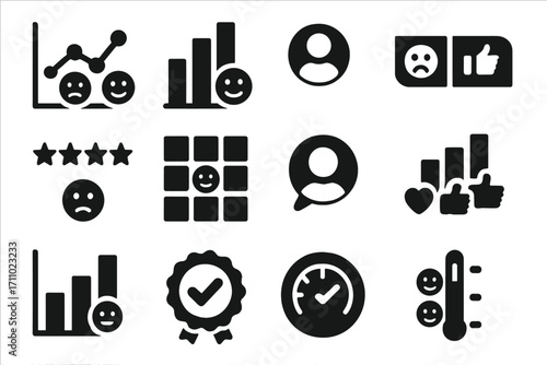 Sentiment Analytics Icons. Solid style icons of sentiment analytics: mood graph, emoji trend bar, positive/negative ratio, opinion