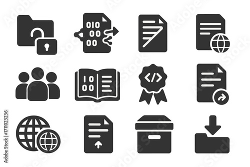Open Data Icons. Solid style icons of open data: unlocked folder, shareable dataset, transparency file, public data server,