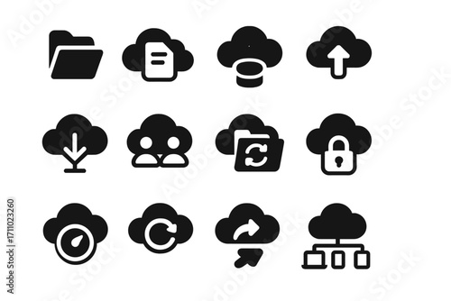 Cloud Storage Icons. Solid style icons of cloud storage: cloud folder, file in cloud, cloud drive, upload to cloud, download from