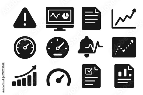 Data Monitoring Icons. Solid style icons of data monitoring: alert icon, real-time dashboard, log file, system usage graph, metric