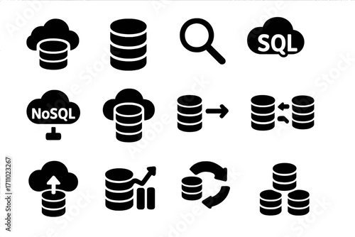 Cloud Database Icons. Solid style icons of cloud database: cloud database icon, data stack, query symbol, SQL in cloud, NoSQL