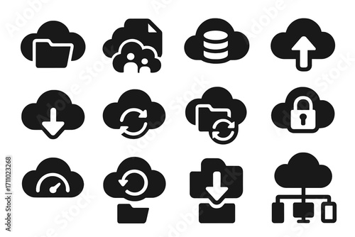 Cloud Storage Icons. Solid style icons of cloud storage: cloud folder, file in cloud, cloud drive, upload to cloud, download from