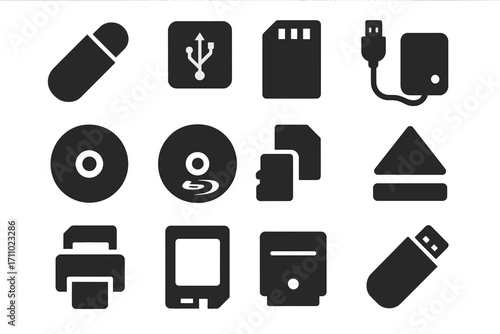 Removable Storage Icons. Solid style icons of removable storage: flash drive icon, USB port icon, SD card, external hard disk, DVD