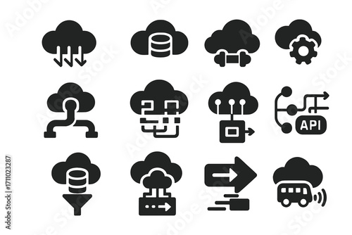 Cloud Data Integration Icons. Solid style icons of cloud data integration: data flow icon, ETL cloud, connector icon, data sync