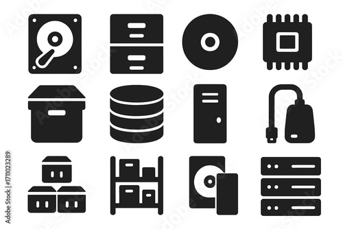 Storage Icons Collection. Solid style icons of general storage: hard drive icon, file cabinet, data disk, memory chip, archive box