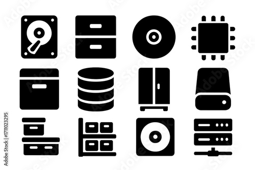 Storage Icons Collection. Solid style icons of general storage: hard drive icon, file cabinet, data disk, memory chip, archive box