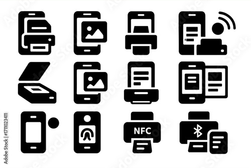Mobile Printing Icons. Solid style icons of mobile printing: smartphone with printer, print from gallery icon, mobile print tray,