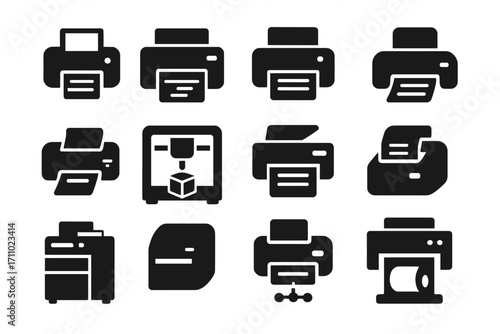 Printer Device Icons. Solid style icons of printer devices: desktop printer, laser printer icon, inkjet printer, portable printer,