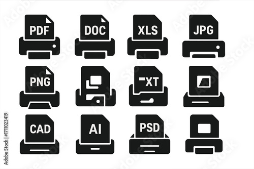 Print Icons Collection. Solid style icons of print file formats: PDF print icon, DOC print, XLS print icon, JPG file to print, PNG