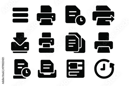 Queued Print Icons. Solid style icons of queued print jobs: list of jobs icon, print order tray, pending document icon, print next