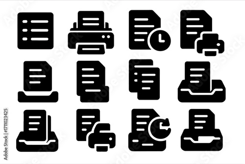 Queued Print Icons. Solid style icons of queued print jobs: list of jobs icon, print order tray, pending document icon, print next