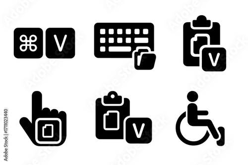 Keyboard Paste Icons. Solid style icons of keyboard shortcuts for paste: Ctrl+V icon, Command+V tray, keyboard with paste keys,