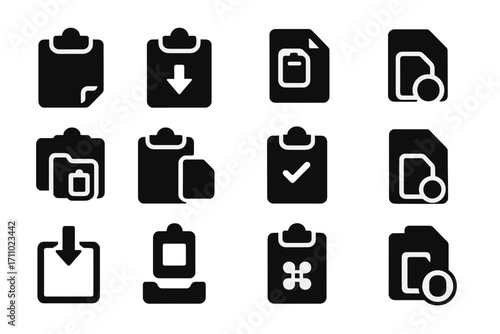 Paste Icons Collection. Solid style icons of general paste actions: paste icon, clipboard with down arrow, file with pasted