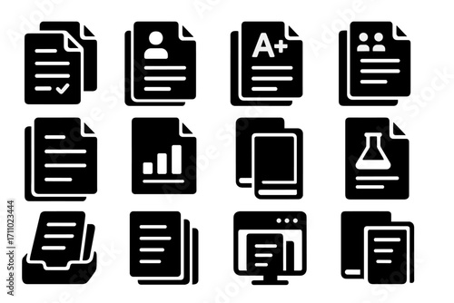 Education Copy Icons. Solid style icons of education-related copying: assignment duplicate, school document copy, exam paper clone