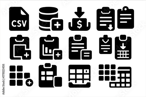 Data Pasting Icons. Solid style icons of data pasting and import: paste CSV icon, database field insert, value transfer tray,
