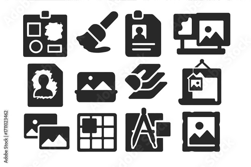 Artistic Icon Paste Tools. Solid style icons of artistic and visual pasting: moodboard paste icon, paste brush effect, concept art