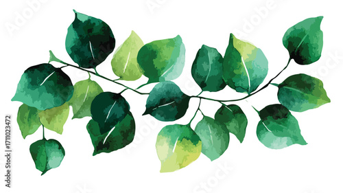 Vibrant Watercolor Green Branch with Leaves for Artistic Designs