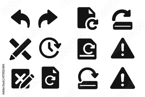 Error and Undo Icons. Solid style icons of error and undo editing actions: undo arrow icon, redo symbol tray, revert file icon,