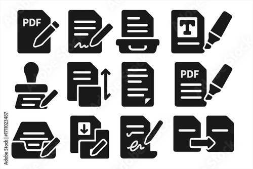 PDF Editing Icons. Solid style icons of document and PDF editing: PDF file with pencil, sign document icon, fill form tray, text