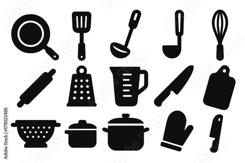 Kitchen Utensil Icons. Solid style icons of kitchen utensils: frying pan, spatula, ladle, whisk, rolling pin, cheese grater,